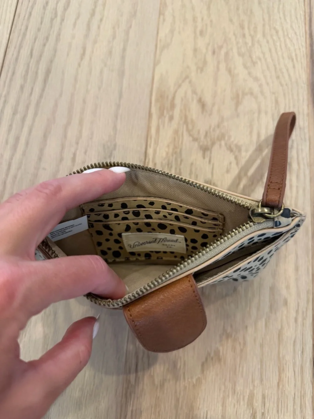 NWOT Leopard Print Wristlet Clutch in Cream and Black with Brown Trim
